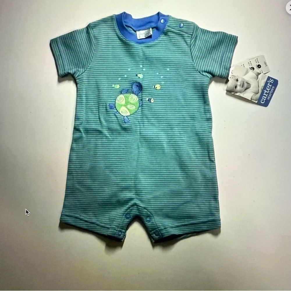 New Vintage Carter's Blue and Green baby‎ romper with turtle design